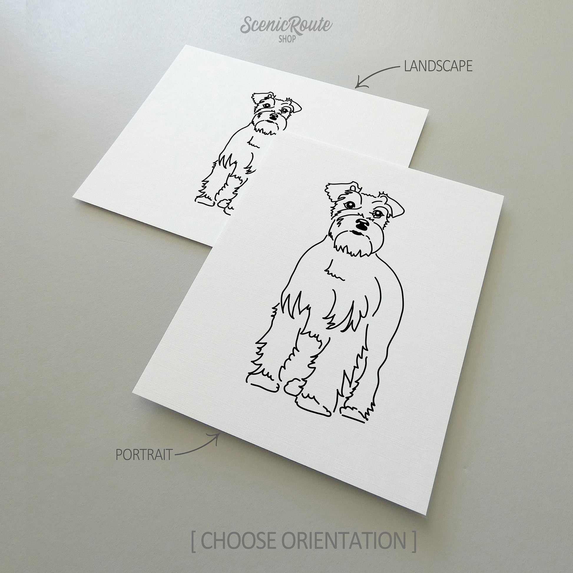 Two line art drawings of a Schnauzer dog on white linen paper with a gray background.  The pieces are shown in portrait and landscape orientation for the available art print options.