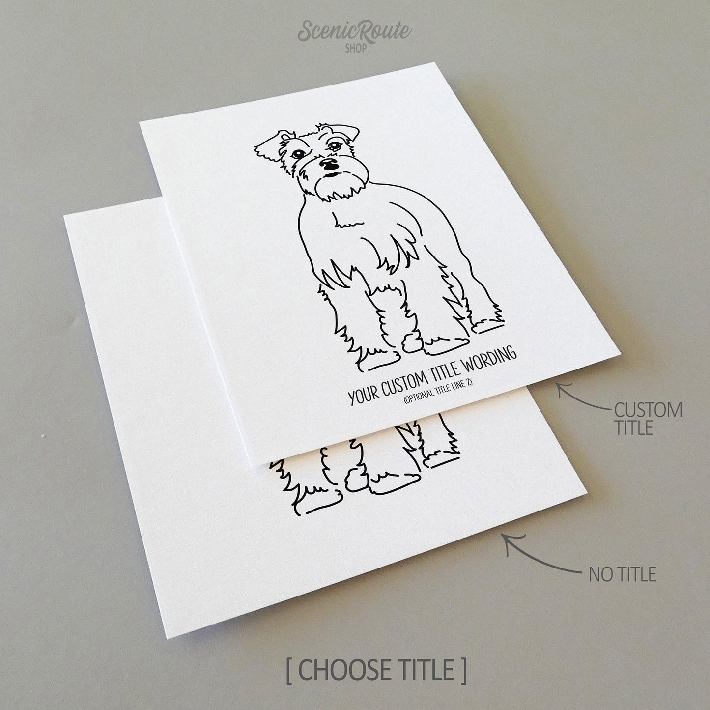 Two line art drawings of a Schnauzer dog on white linen paper with a gray background.  The pieces are shown with “No Title” and “Custom Title” options for the available art print options.