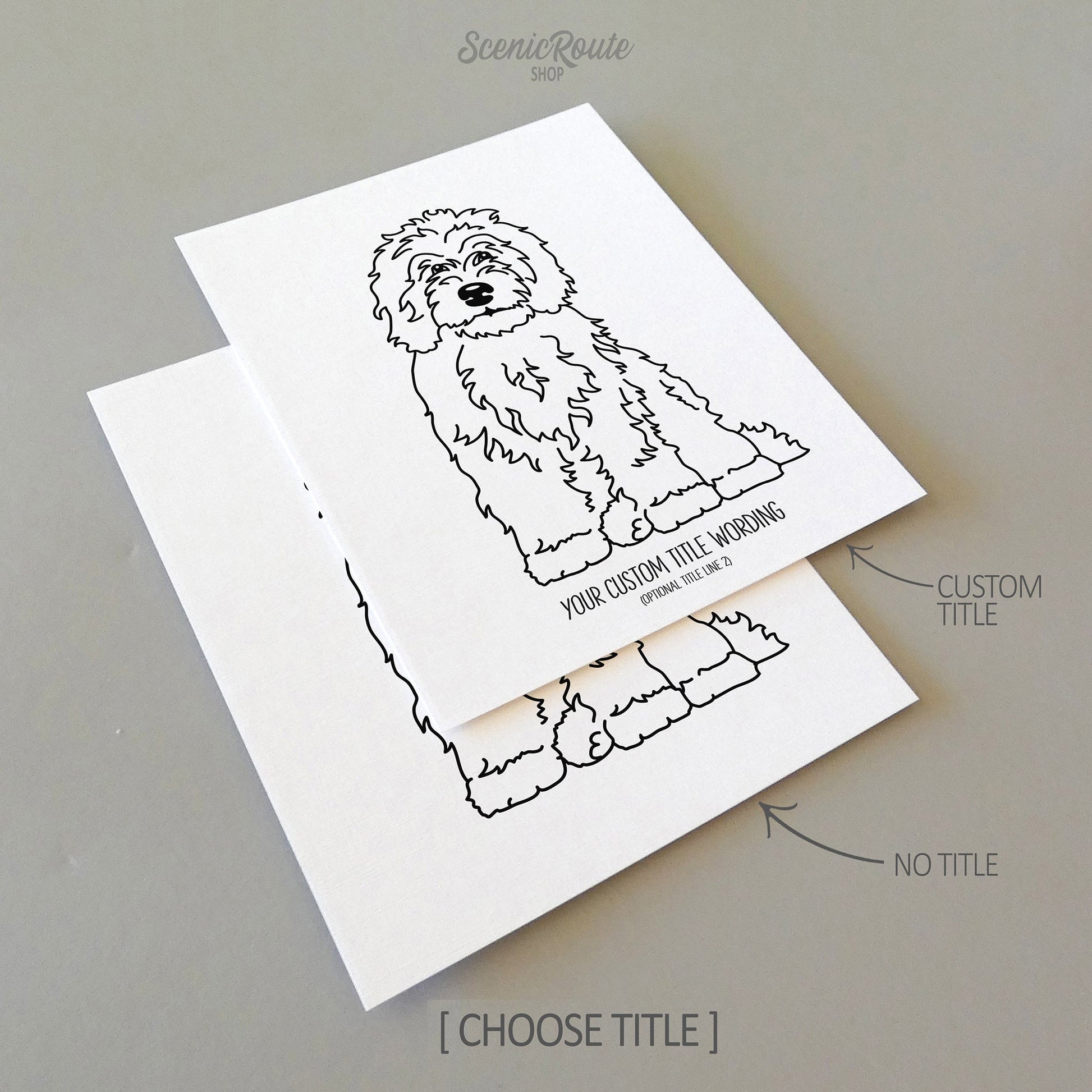 Two line art drawings of a Sheepadoodle dog on white linen paper with a gray background.  The pieces are shown with “No Title” and “Custom Title” options for the available art print options.
