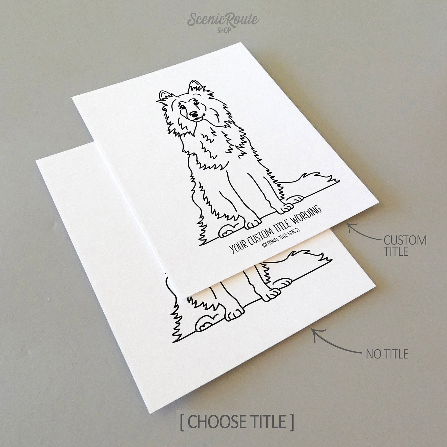 Two line art drawings of a Shetland Sheepdog dog on white linen paper with a gray background.  The pieces are shown with “No Title” and “Custom Title” options for the available art print options.