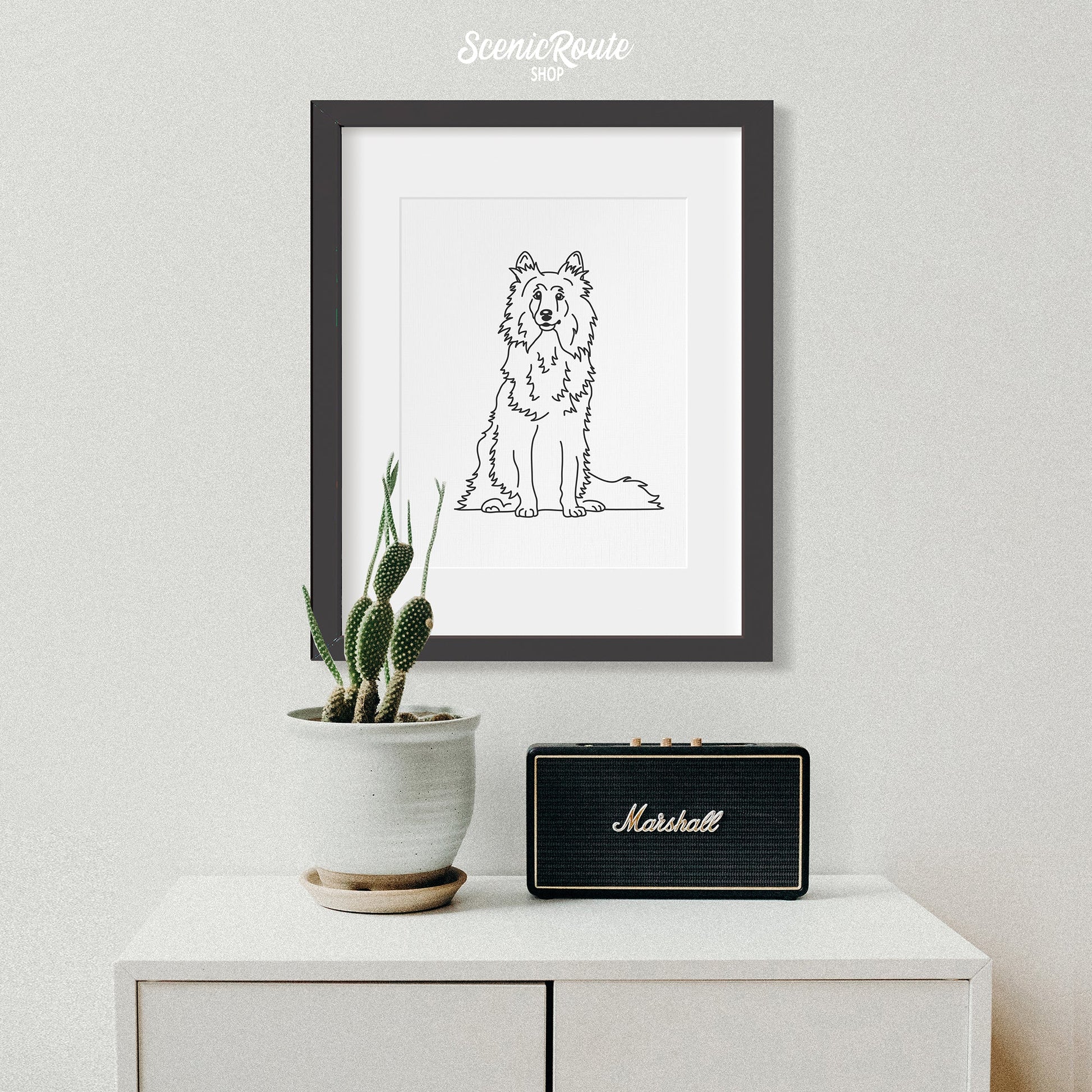 A framed line art drawing of a Shetland Sheepdog dog hung above a cabinet with a cactus