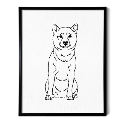 A line art drawing of a Shiba Inu dog on white linen paper in a thin black picture frame