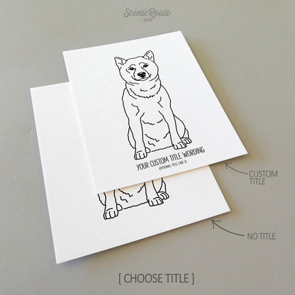Two line art drawings of a Shiba Inu dog on white linen paper with a gray background.  The pieces are shown with “No Title” and “Custom Title” options for the available art print options.