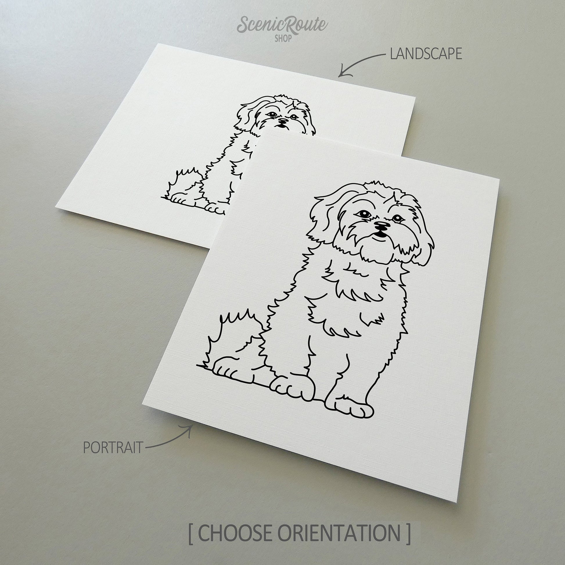 Two line art drawings of a Shih Tzu dog on white linen paper with a gray background.  The pieces are shown in portrait and landscape orientation for the available art print options.