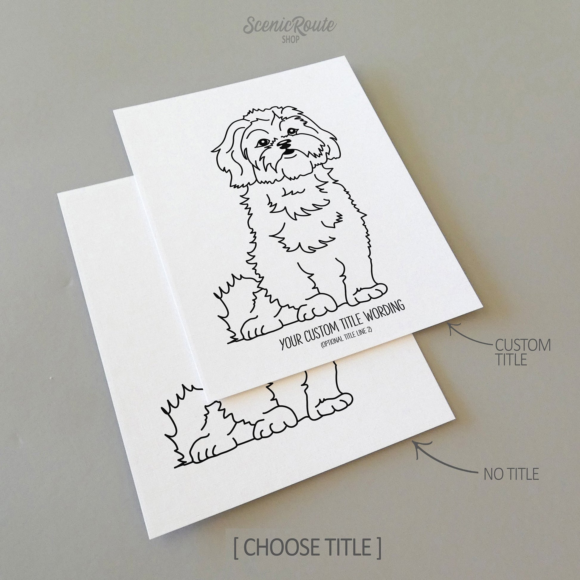 Two line art drawings of a Shih Tzu dog on white linen paper with a gray background.  The pieces are shown with “No Title” and “Custom Title” options for the available art print options.