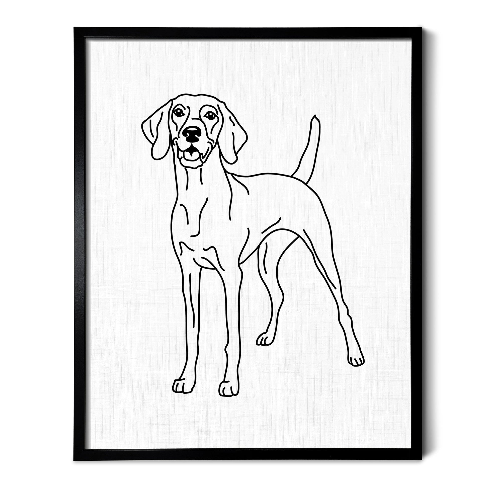 A line art drawing of a Vizsla dog on white linen paper in a thin black picture frame