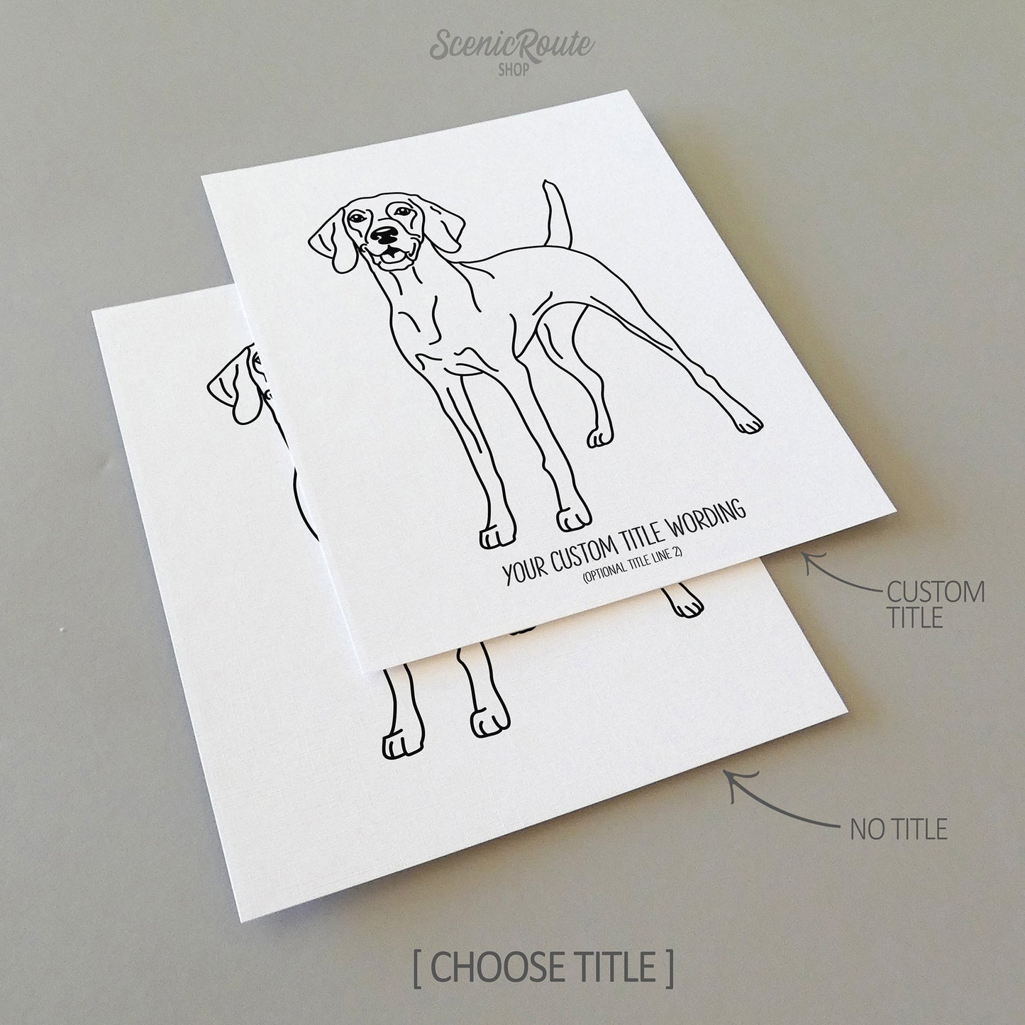 Two line art drawings of a Vizsla dog on white linen paper with a gray background.  The pieces are shown with “No Title” and “Custom Title” options for the available art print options.