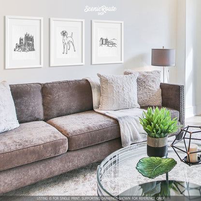 A group of three framed drawings on a white wall hanging above a couch with pillows and a blanket. The line art drawings include the National Cathedral, a Vizsla dog, and the Tucson Skyline