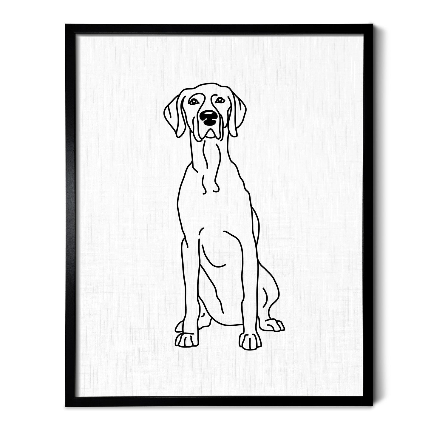 A line art drawing of a Weimaraner dog on white linen paper in a thin black picture frame