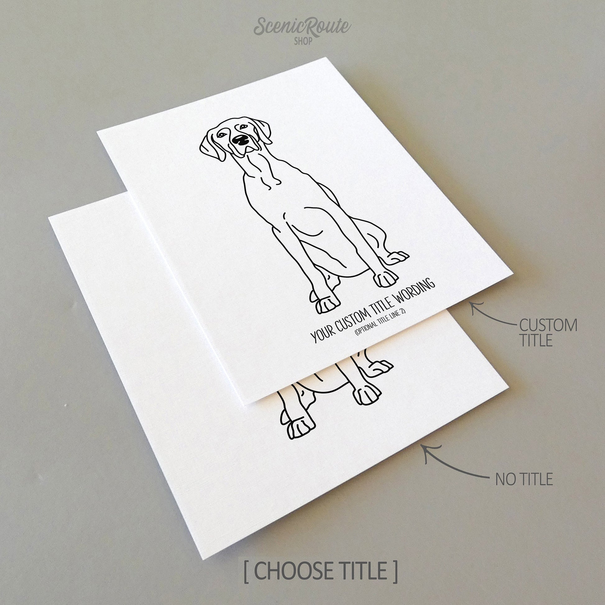 Two line art drawings of a Weimaraner dog on white linen paper with a gray background.  The pieces are shown with “No Title” and “Custom Title” options for the available art print options.