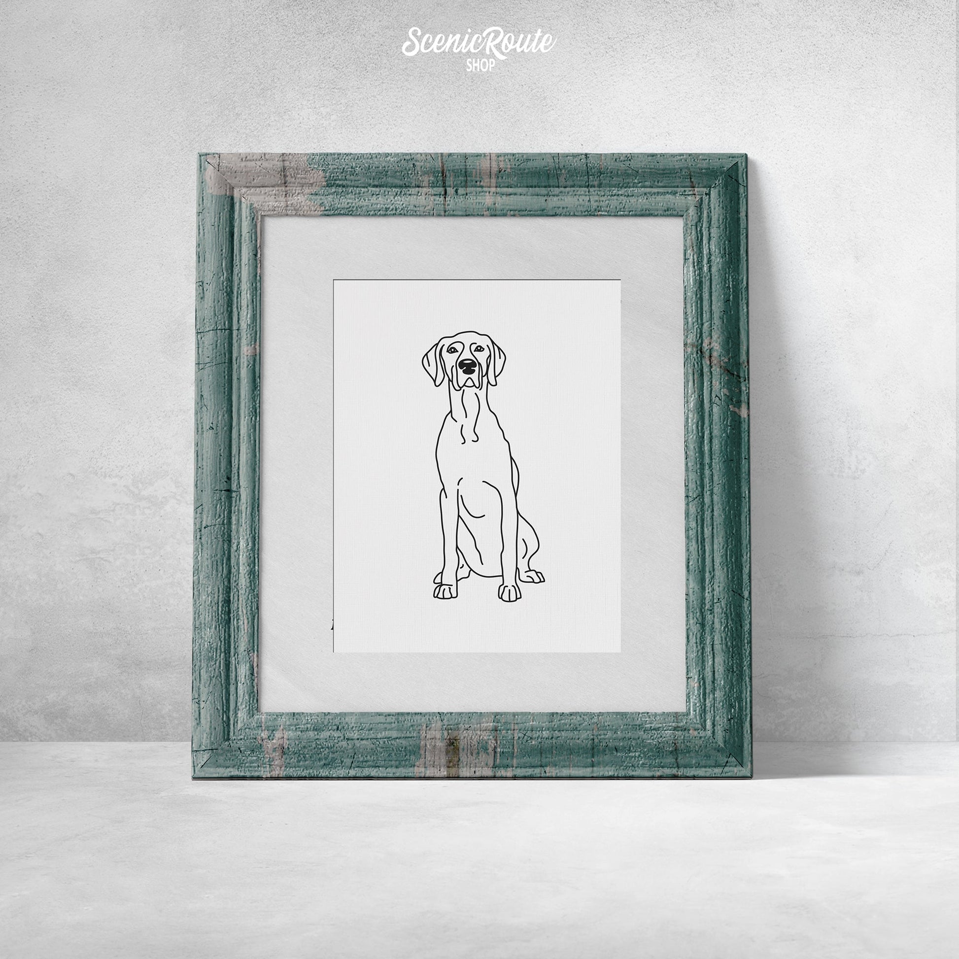 A framed line art drawing of a Weimaraner dog