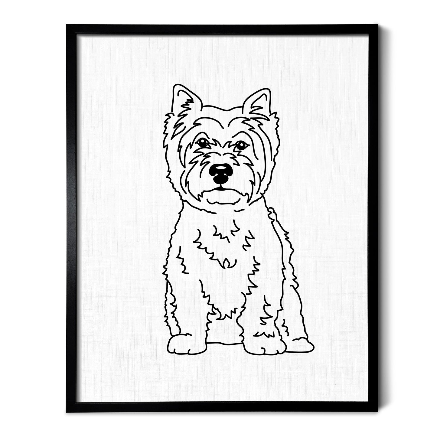 A line art drawing of a West Highland Terrier dog on white linen paper in a thin black picture frame