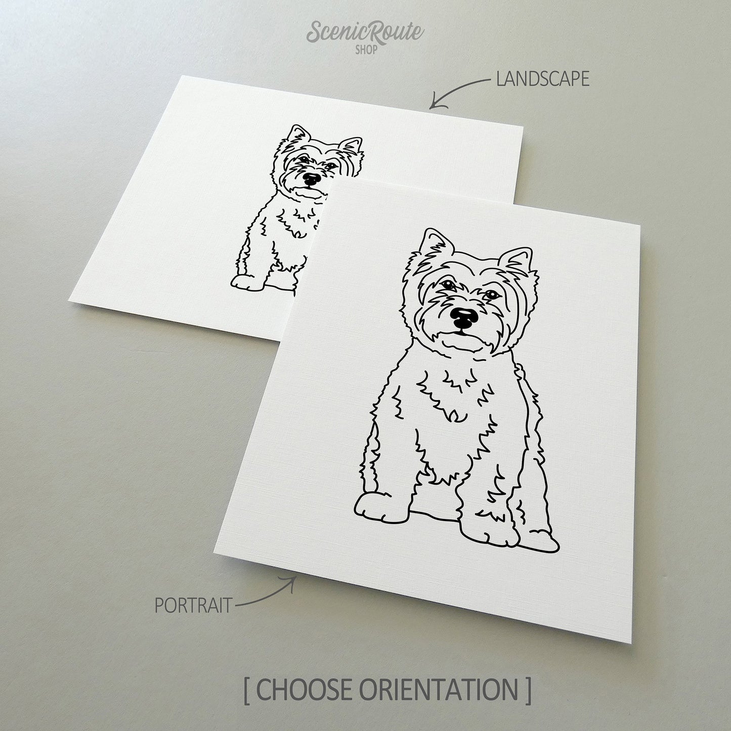 Two line art drawings of a West Highland Terrier dog on white linen paper with a gray background.  The pieces are shown in portrait and landscape orientation for the available art print options.