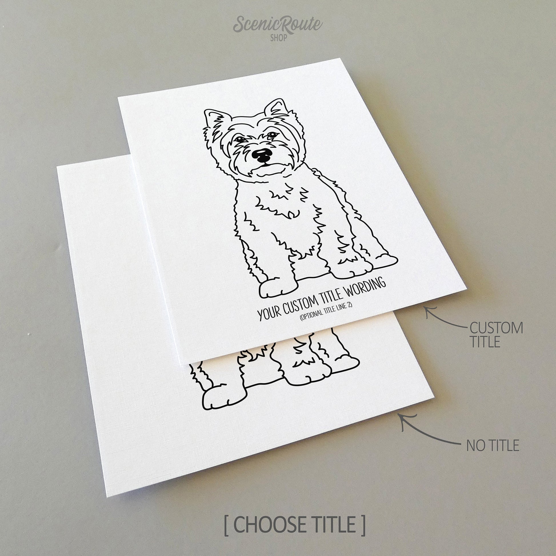 Two line art drawings of a West Highland Terrier dog on white linen paper with a gray background.  The pieces are shown with “No Title” and “Custom Title” options for the available art print options.