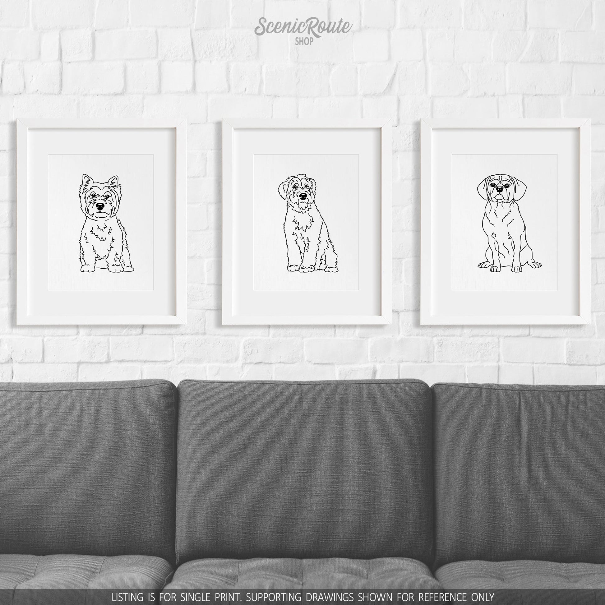 A group of three framed drawings on a white brick wall above a couch. The line art drawings include a West Highland Terrier dog, a Wheaten Terrier dog, and a Puggle dog