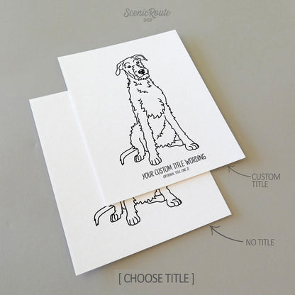 Two line art drawings of a Wolfhound dog on white linen paper with a gray background.  The pieces are shown with “No Title” and “Custom Title” options for the available art print options.