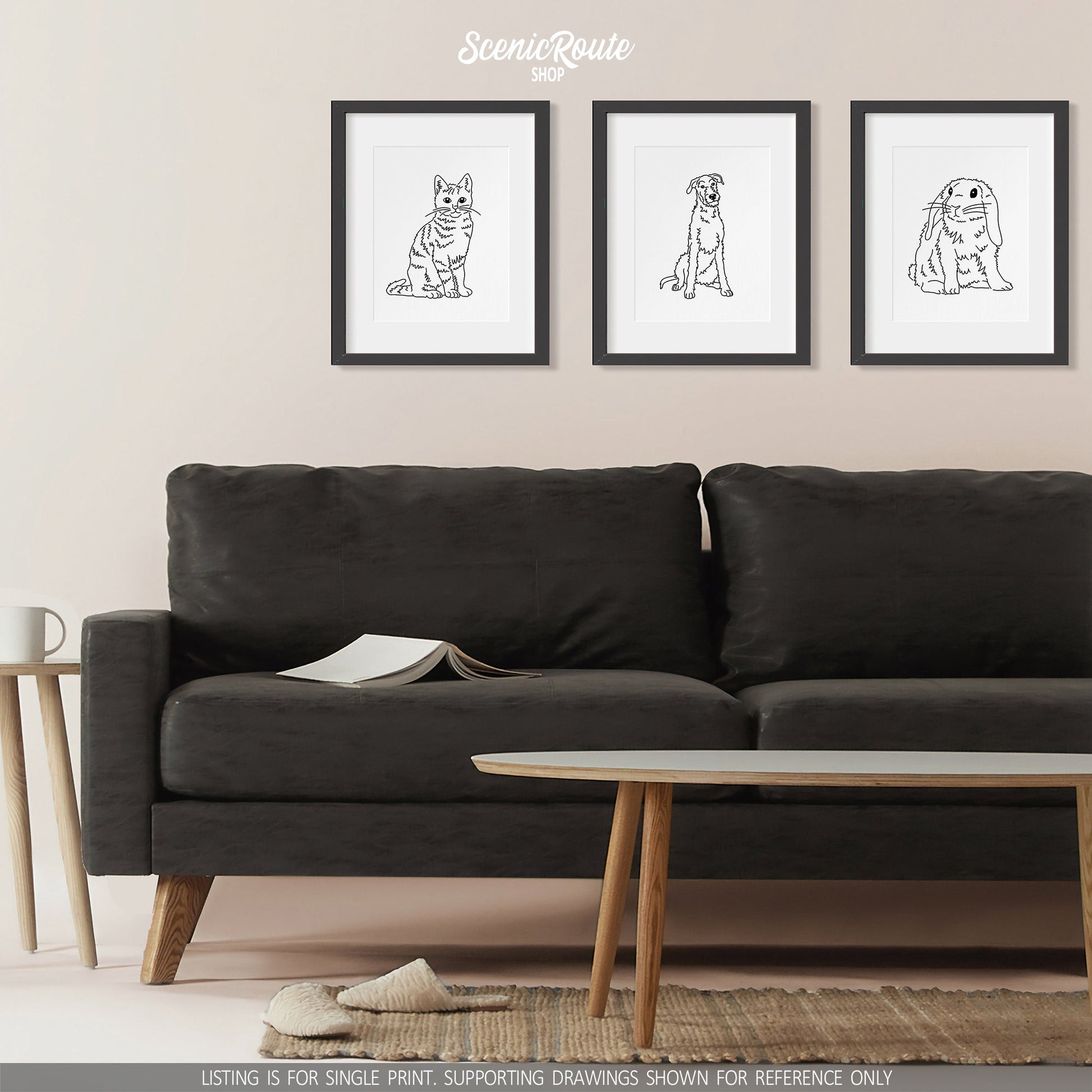A group of three framed drawings on a white wall above a couch. The line art drawings include a Tabby cat, a Wolfhound dog, and a Mini Lop Rabbit