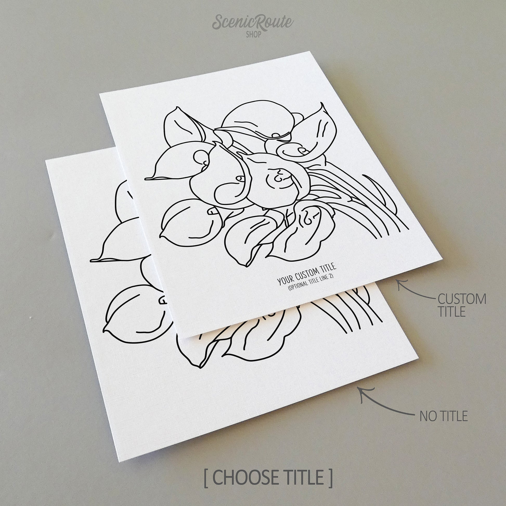 Two line art drawings of a Calla Lily Flower on white linen paper with a gray background.  The pieces are shown with “No Title” and “Custom Title” options for the available art print options.