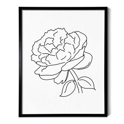 A line art drawing of a Peony Flower on white linen paper in a thin black picture frame