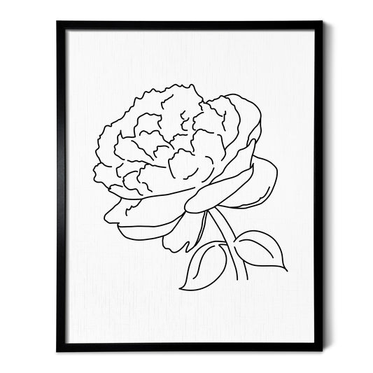 A line art drawing of a Peony Flower on white linen paper in a thin black picture frame
