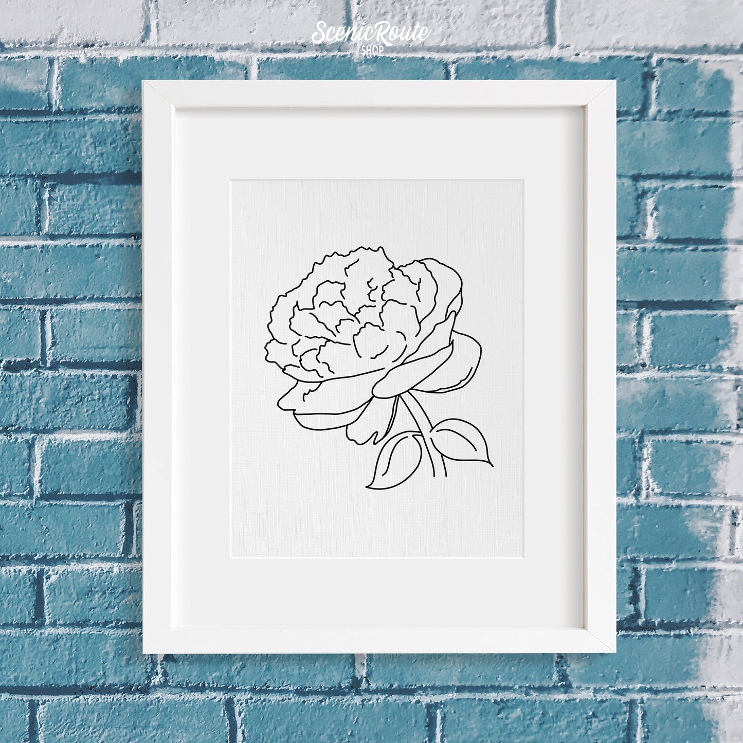 A framed line art drawing of a Peony Flower on a blue brick wall