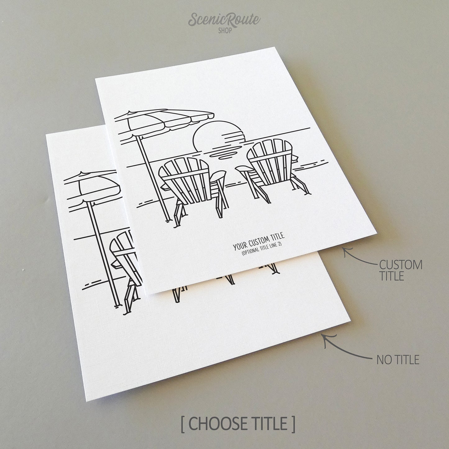 Two line art drawings of Two Adirondack Beach Chairs and an Umbrella on the beach with the setting sun on white linen paper with a gray background.  The pieces are shown with “No Title” and “Custom Title” options for the available art print options.