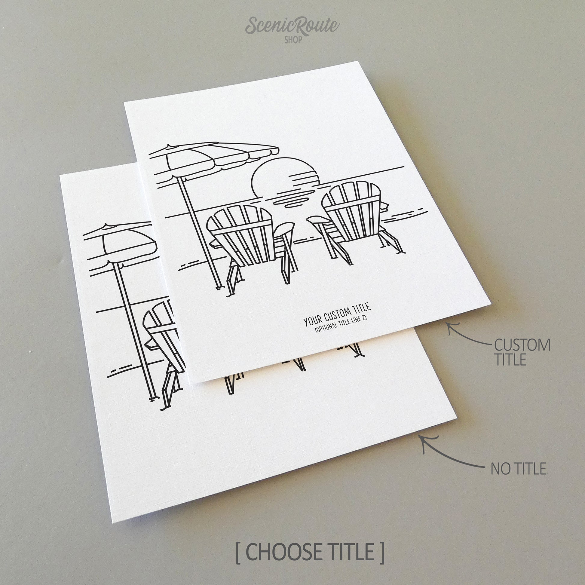 Two line art drawings of Two Adirondack Beach Chairs and an Umbrella on the beach with the setting sun on white linen paper with a gray background.  The pieces are shown with “No Title” and “Custom Title” options for the available art print options.