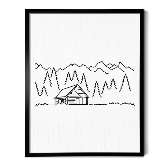 A line art drawing of a Log Cabin on white linen paper in a thin black picture frame