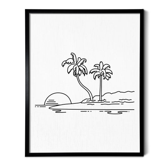 A line art drawing of An Island on white linen paper in a thin black picture frame