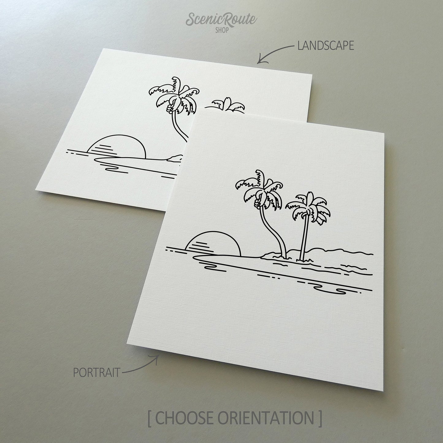Two line art drawings of An Island on white linen paper with a gray background.  The pieces are shown in portrait and landscape orientation for the available art print options.