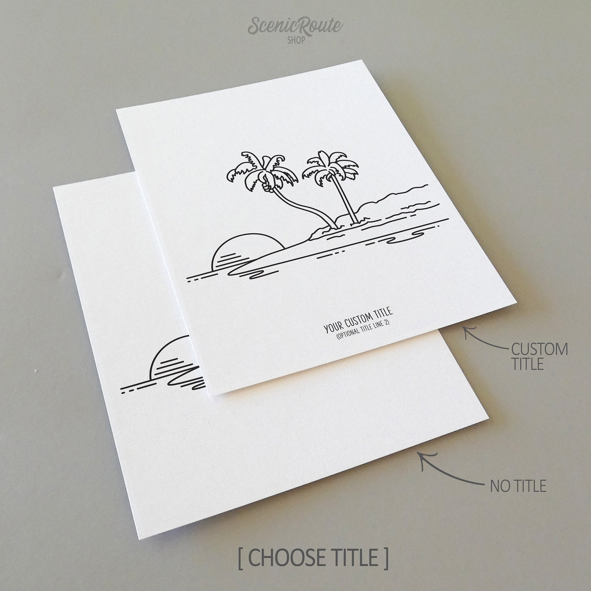 Two line art drawings of an island with two palm trees and the setting sun on white linen paper with a gray background.  The pieces are shown with “No Title” and “Custom Title” options for the available art print options.