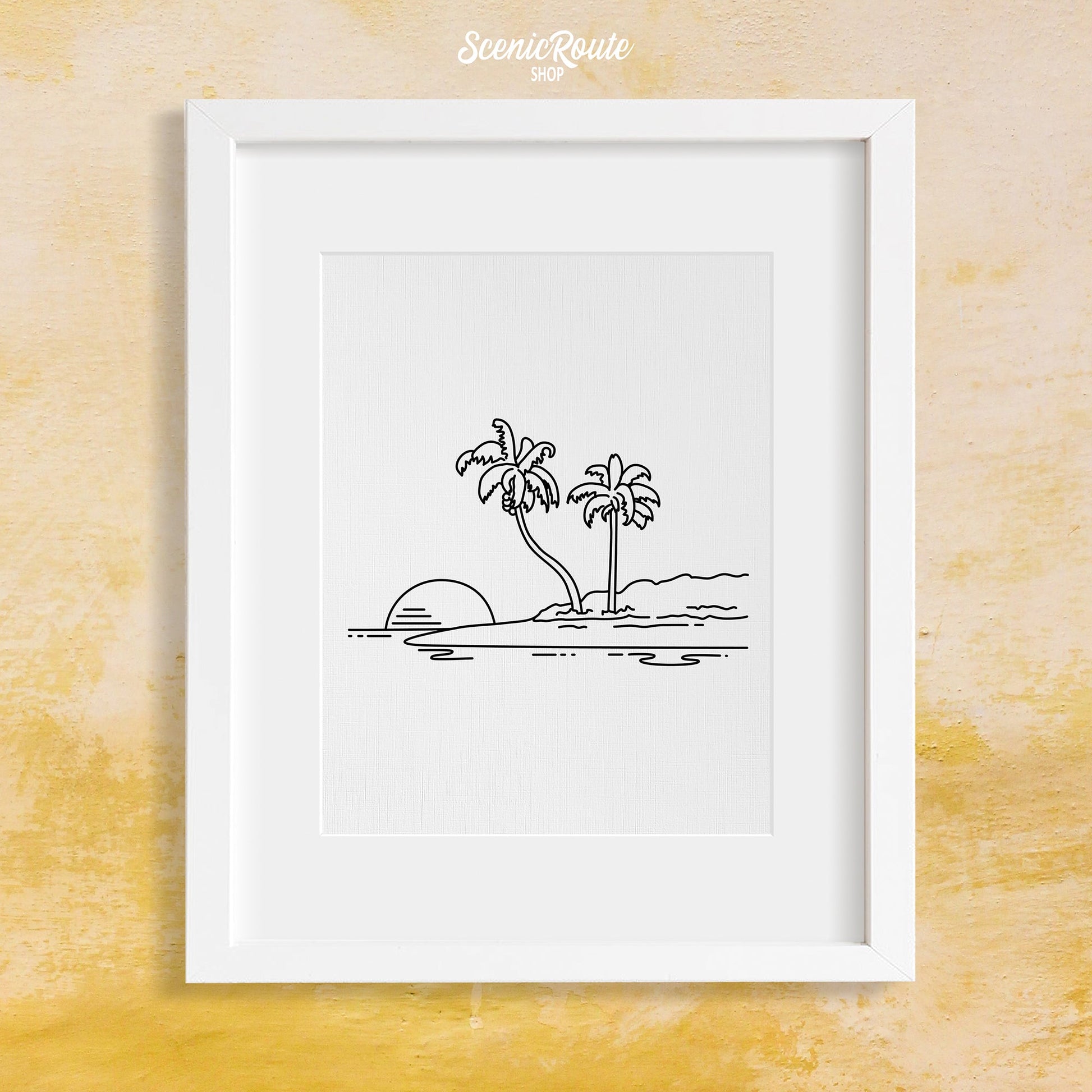 A framed line art drawing of An Island on a yellow wall