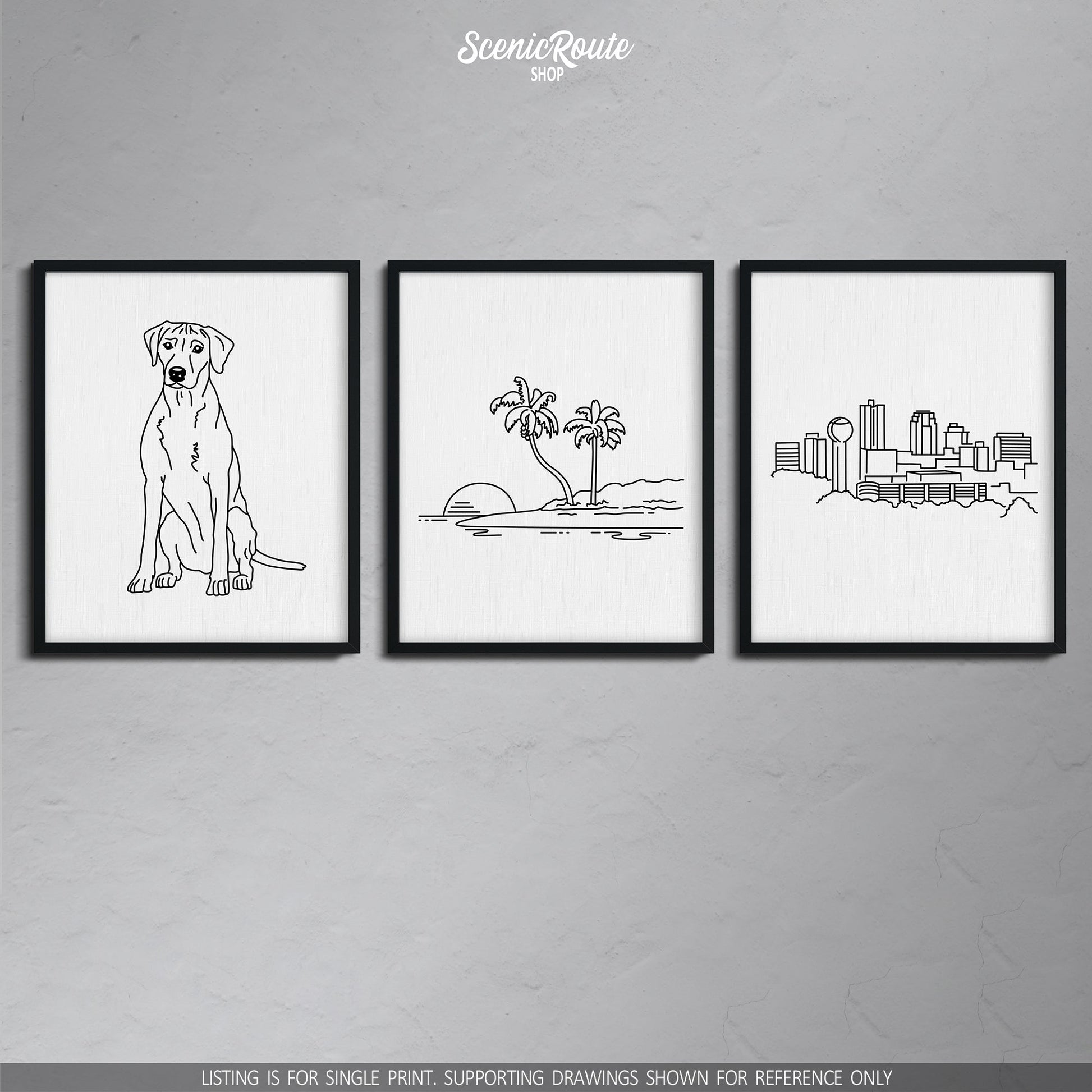 A group of three framed drawings on a gray wall. The line art drawings include a Rhodesian Ridgeback dog, an Island, and the Knoxville Skyline