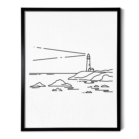 A line art drawing of A Lighthouse on white linen paper in a thin black picture frame