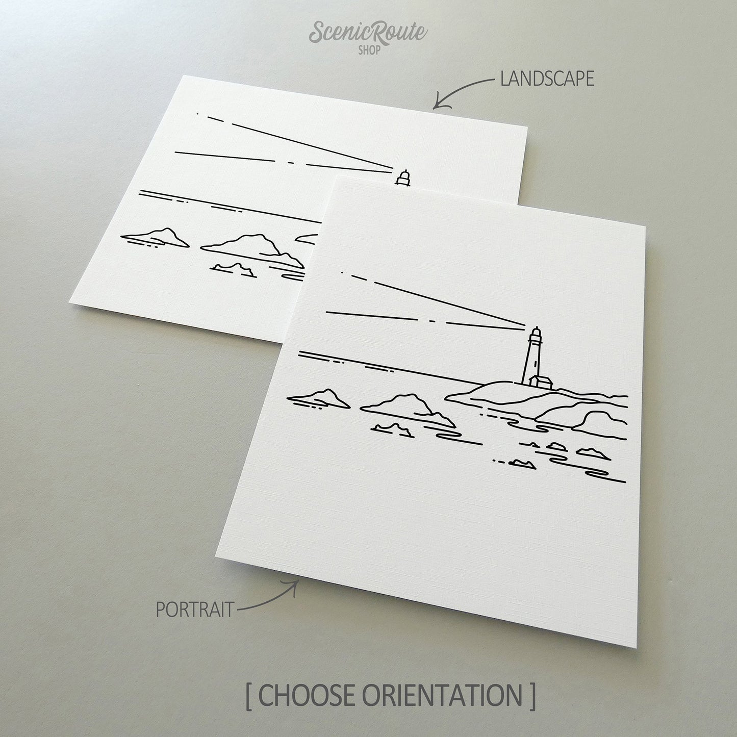 Two line art drawings of A Lighthouse on white linen paper with a gray background.  The pieces are shown in portrait and landscape orientation for the available art print options.