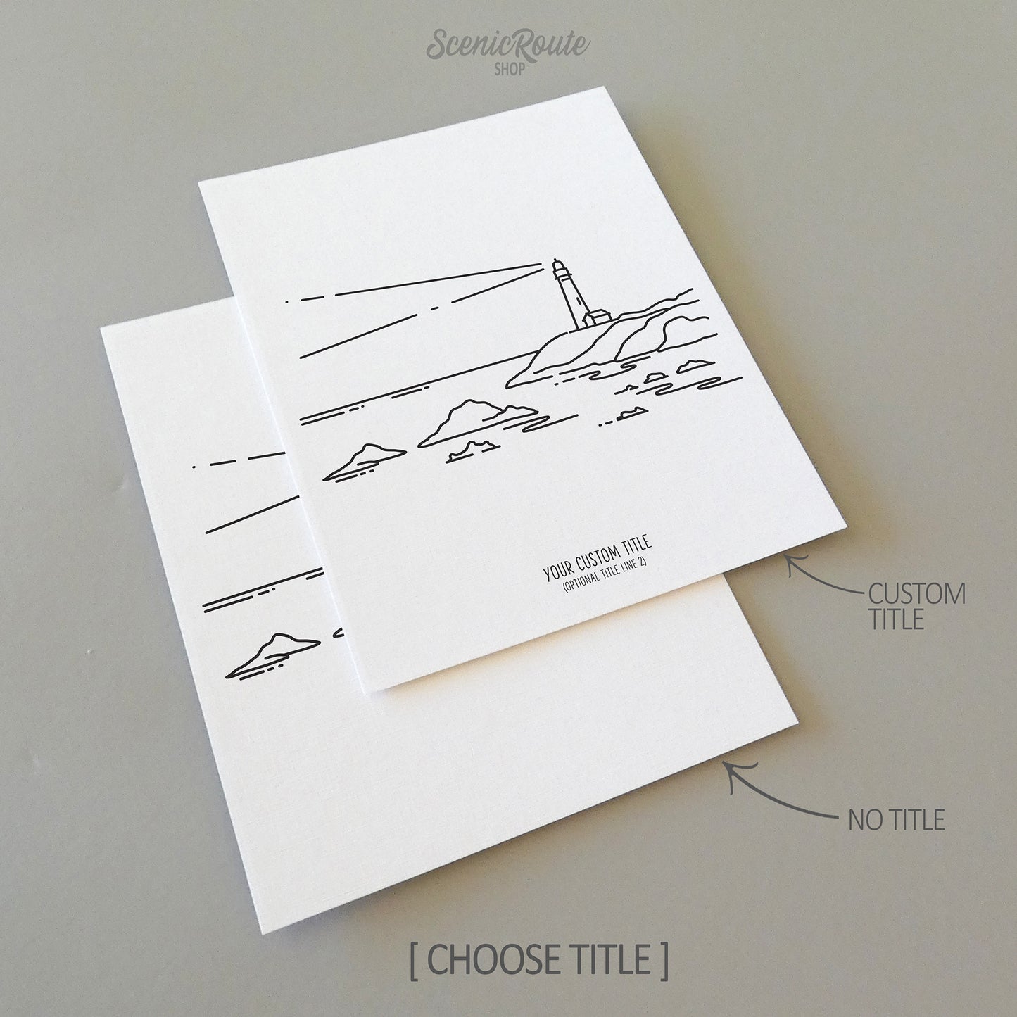 Two line art drawings of a lighthouse on a rocky coastline on white linen paper with a gray background.  The pieces are shown with “No Title” and “Custom Title” options for the available art print options.