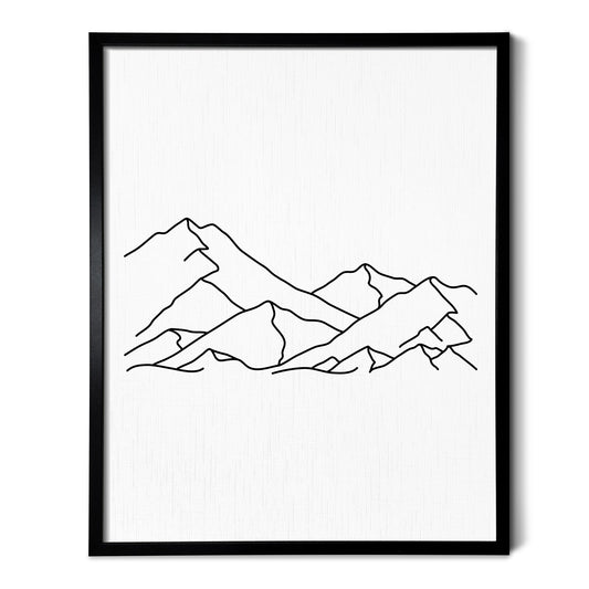 A line art drawing of A Mountain Range on white linen paper in a thin black picture frame