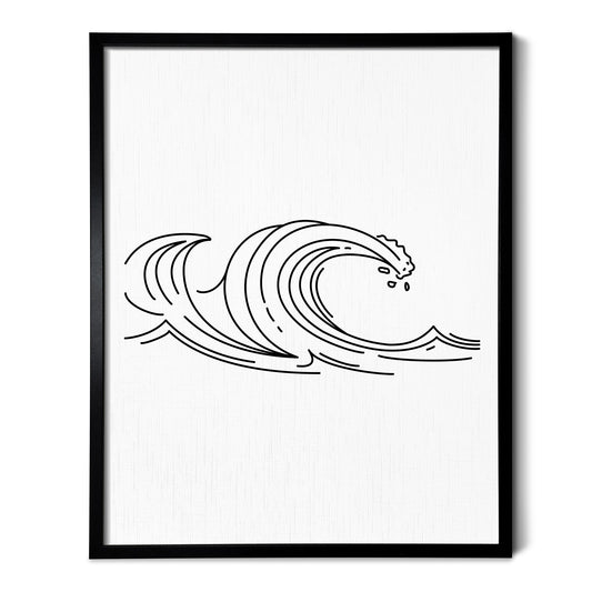 A line art drawing of Waves on white linen paper in a thin black picture frame
