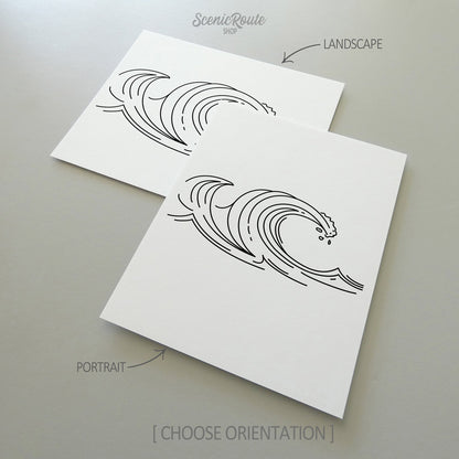 Two line art drawings of Waves on white linen paper with a gray background.  The pieces are shown in portrait and landscape orientation for the available art print options.