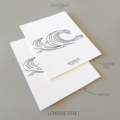 Two line art drawings of ocean waves on white linen paper with a gray background.  The pieces are shown with “No Title” and “Custom Title” options for the available art print options.