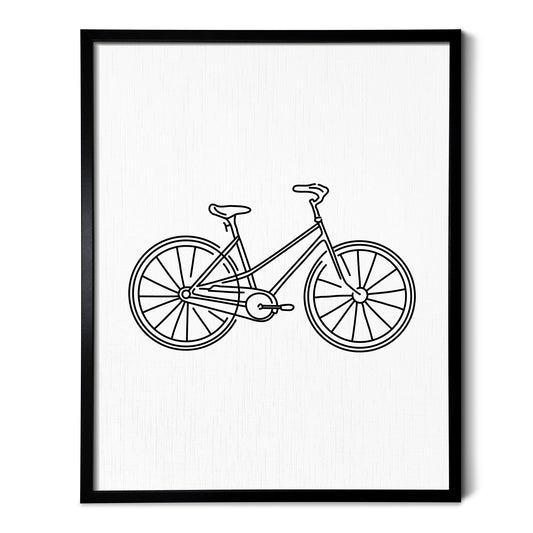 A line art drawing of a Bicycle on white linen paper in a thin black picture frame
