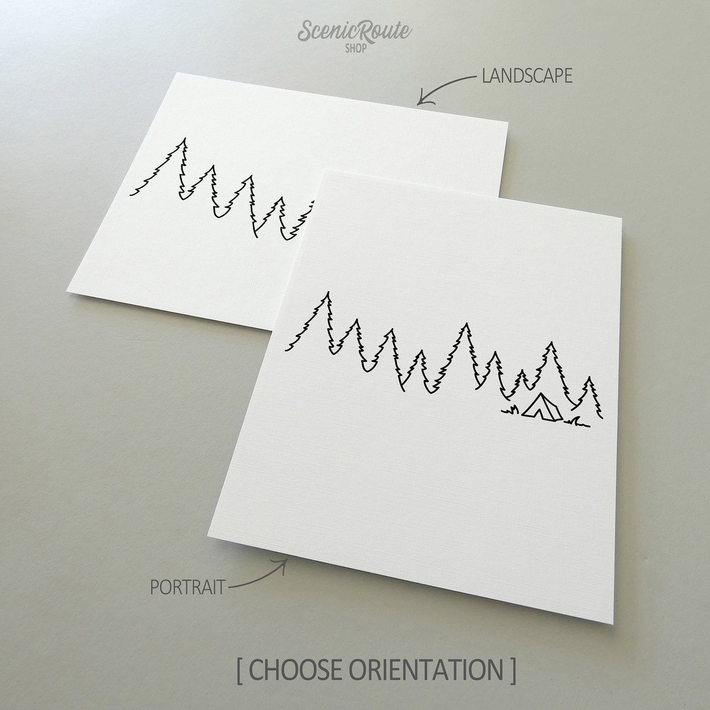 Two line art drawings of Camping on white linen paper with a gray background.  The pieces are shown in portrait and landscape orientation for the available art print options.