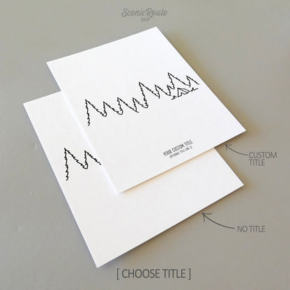 Two line art drawings of a Tent in a pine forest on white linen paper with a gray background.  The pieces are shown with “No Title” and “Custom Title” options for the available art print options.