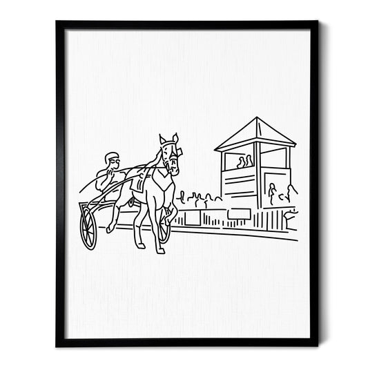 A line art drawing of Harness Racing on white linen paper in a thin black picture frame