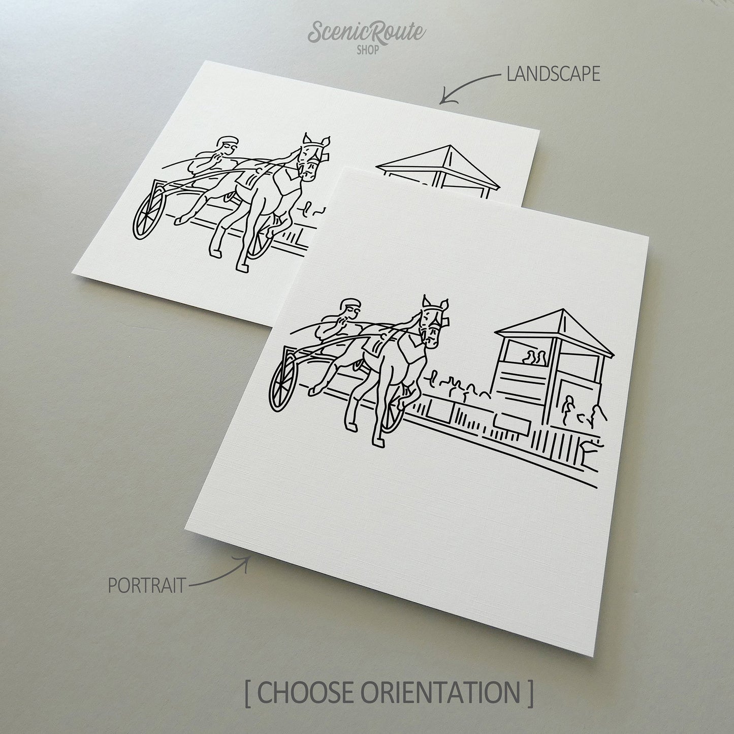 Two line art drawings of Harness Racing on white linen paper with a gray background.  The pieces are shown in portrait and landscape orientation for the available art print options.