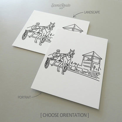Two line art drawings of Harness Racing on white linen paper with a gray background.  The pieces are shown in portrait and landscape orientation for the available art print options.