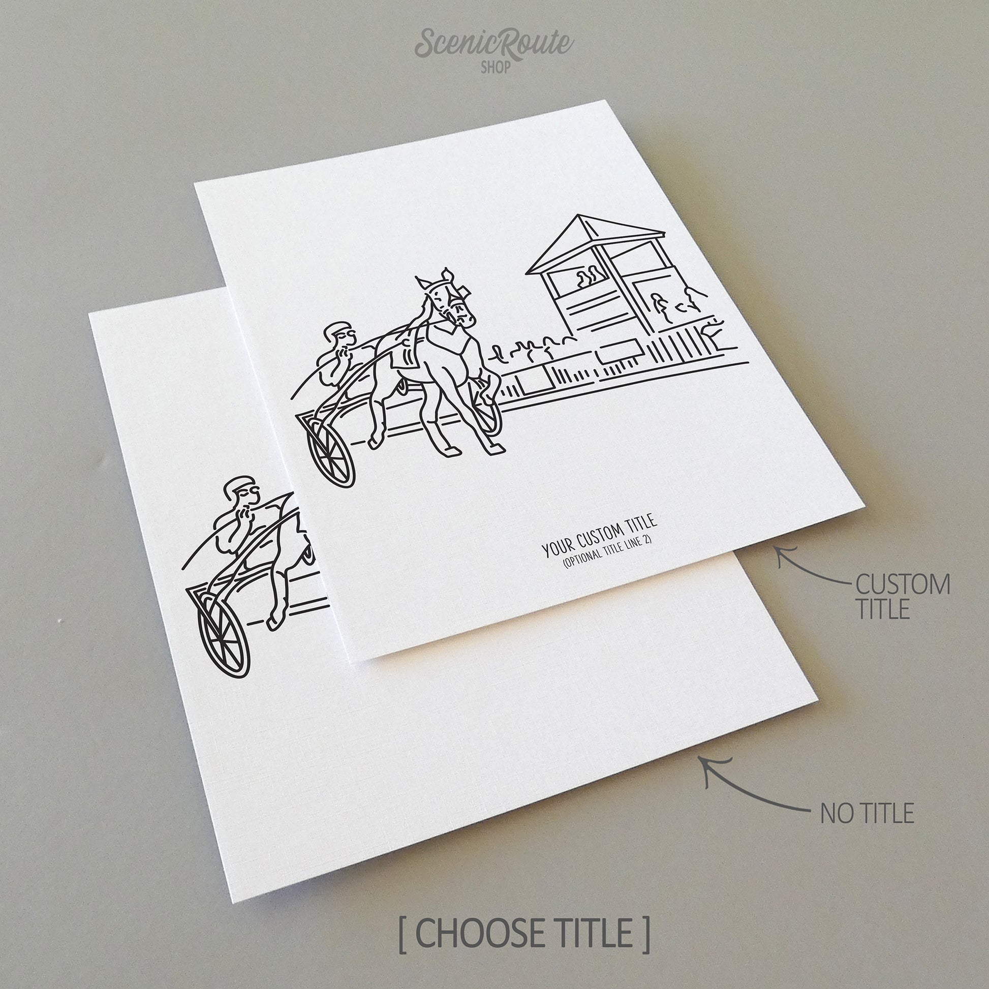 Two line art drawings of harness racing on white linen paper with a gray background.  The pieces are shown with “No Title” and “Custom Title” options for the available art print options.