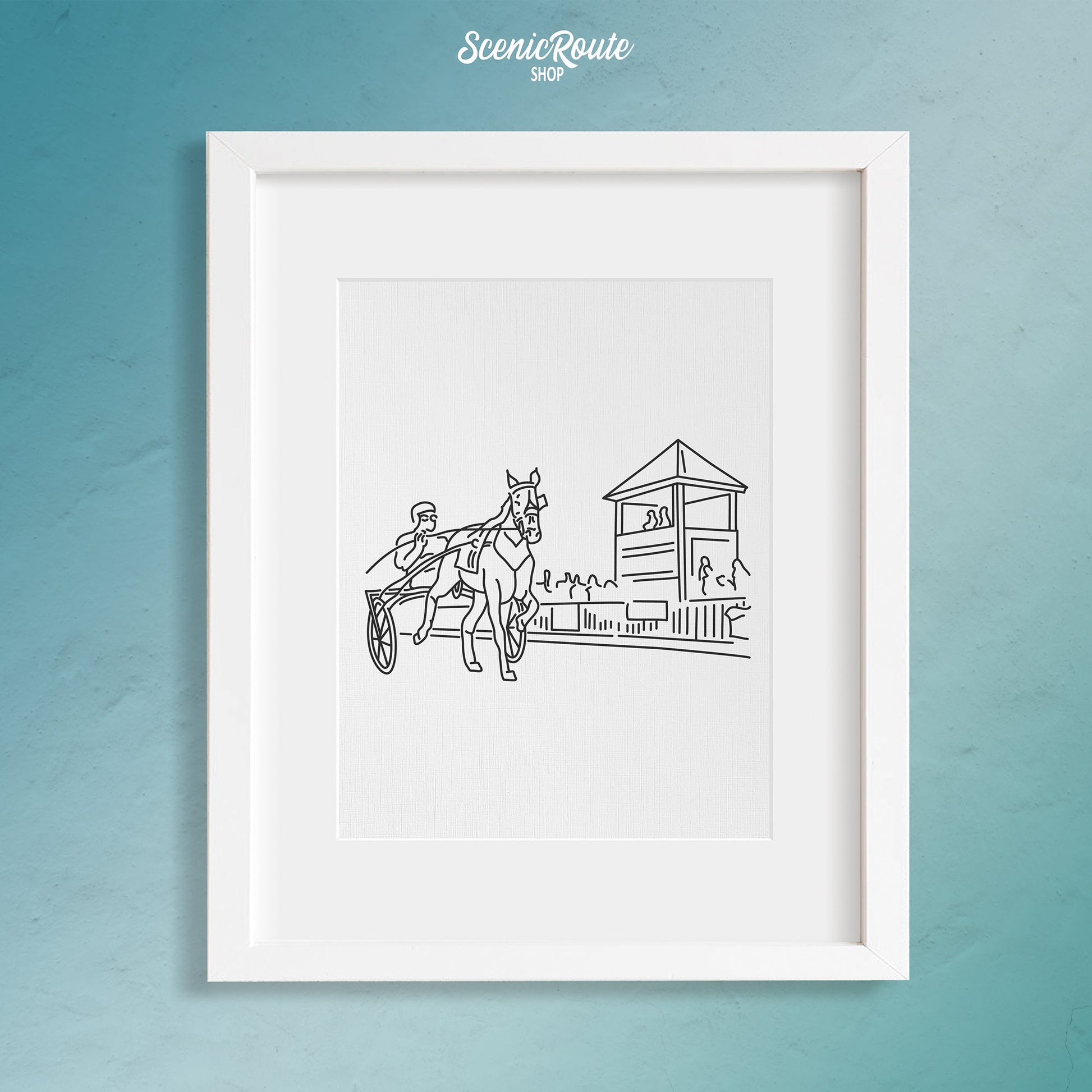 A framed line art drawing of Harness Racing on a blue wall