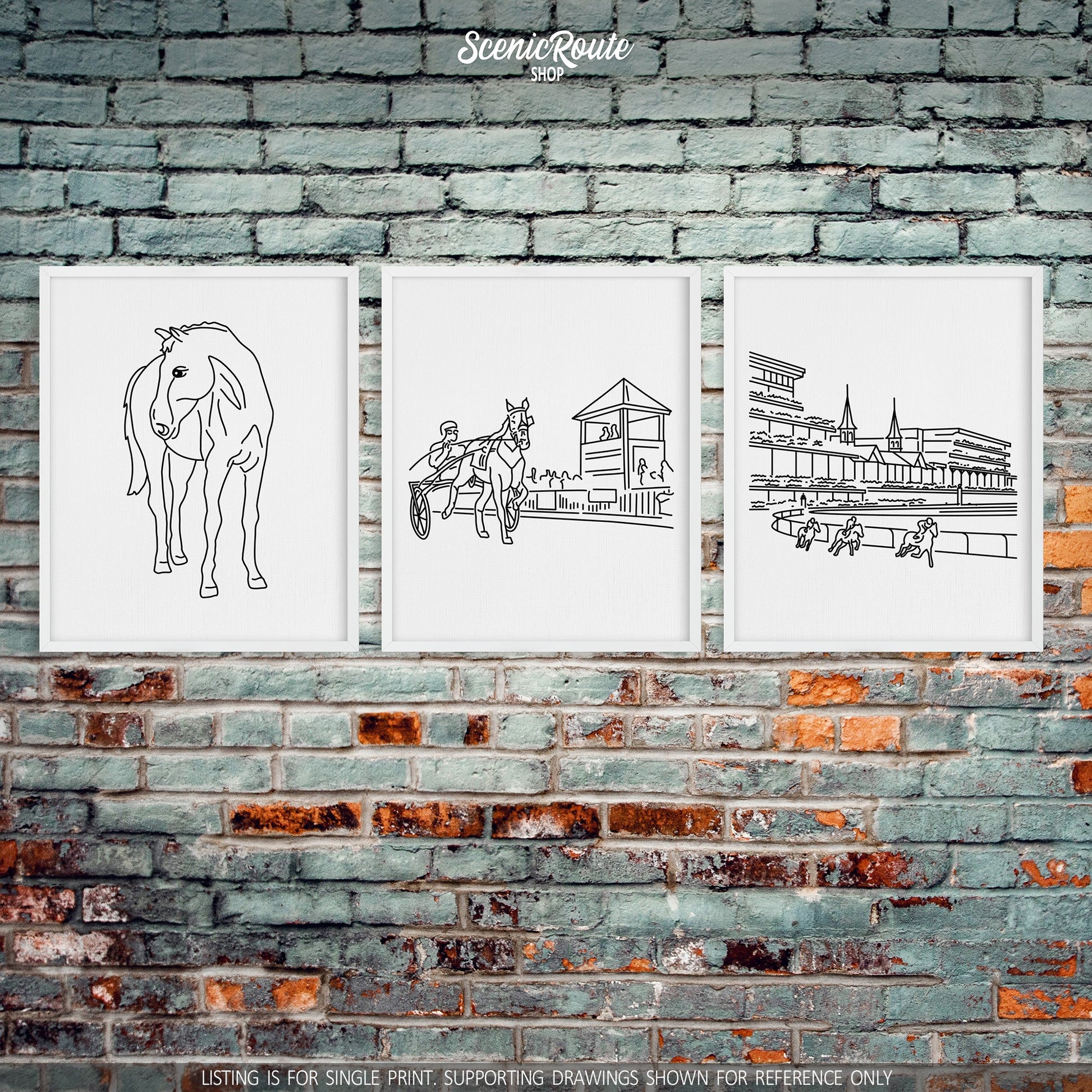 A group of three framed drawings on a brick wall. The line art drawings include a Horse, Harness Racing, and Churchill Downs