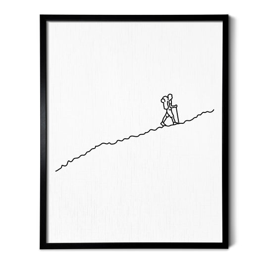 A line art drawing of Hiking on white linen paper in a thin black picture frame